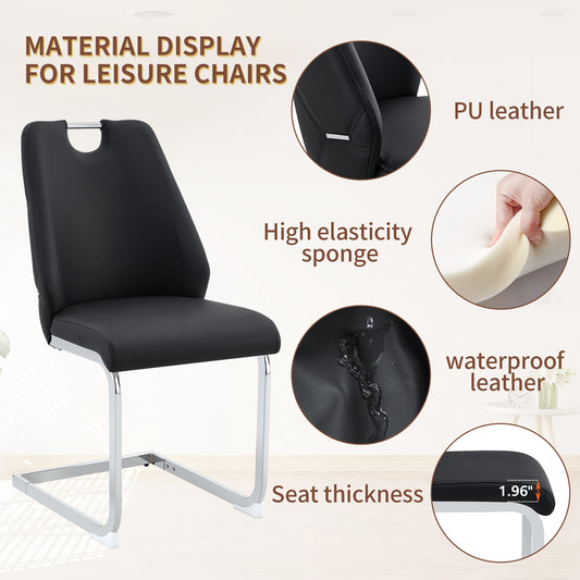Dining Chairs Set Of 4, Black Faux Leather Kitchen Chairs With Gold Mesh Texture, Silver Back Ring And Chrome Pull Handle, High Back Upholstered Dining Room Chair  Black, Set Of 4