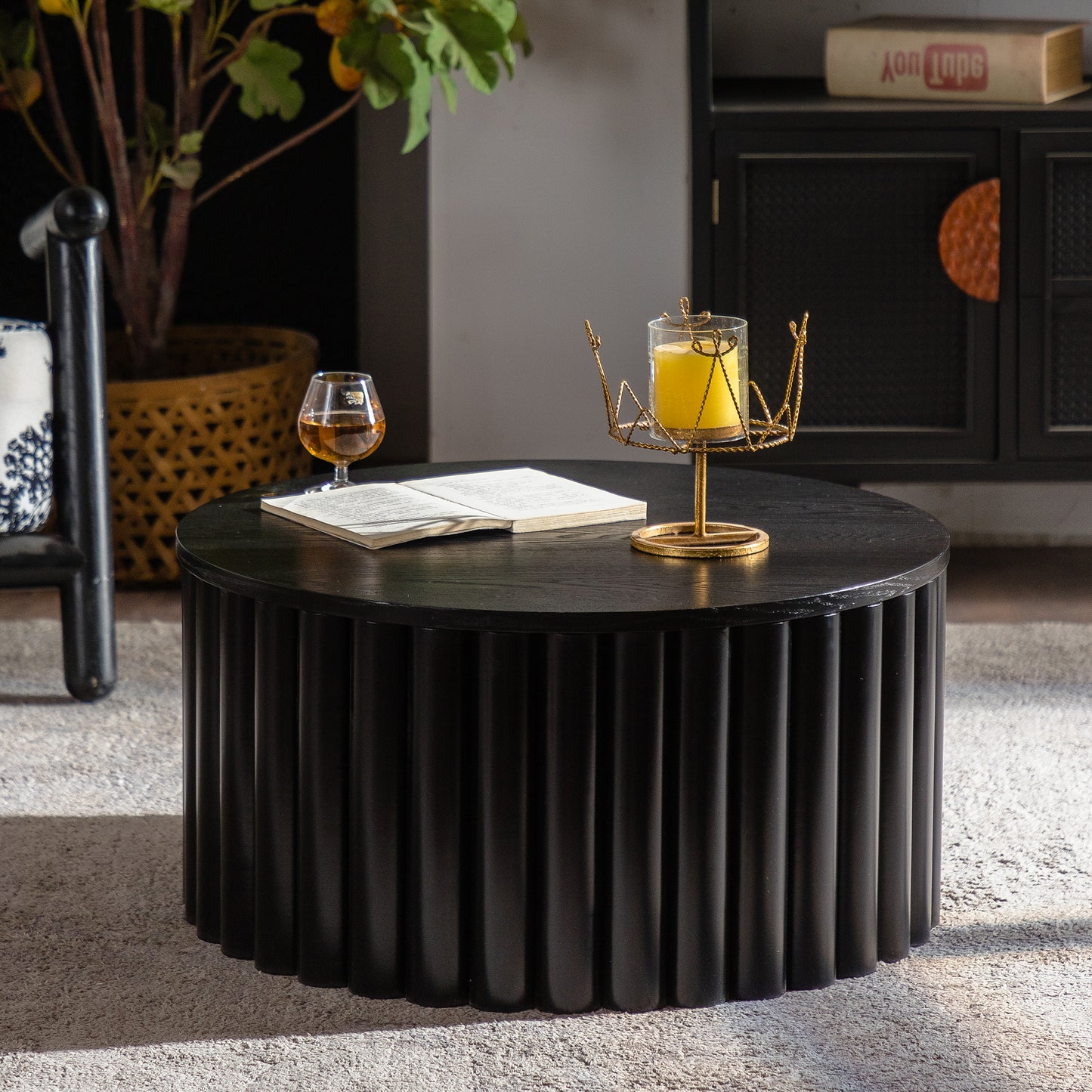 Round Coffee Table With Lift Handcrafted Relief Sturdy Pedestal Wooden Tea Table For Living Room No Need To Assemble