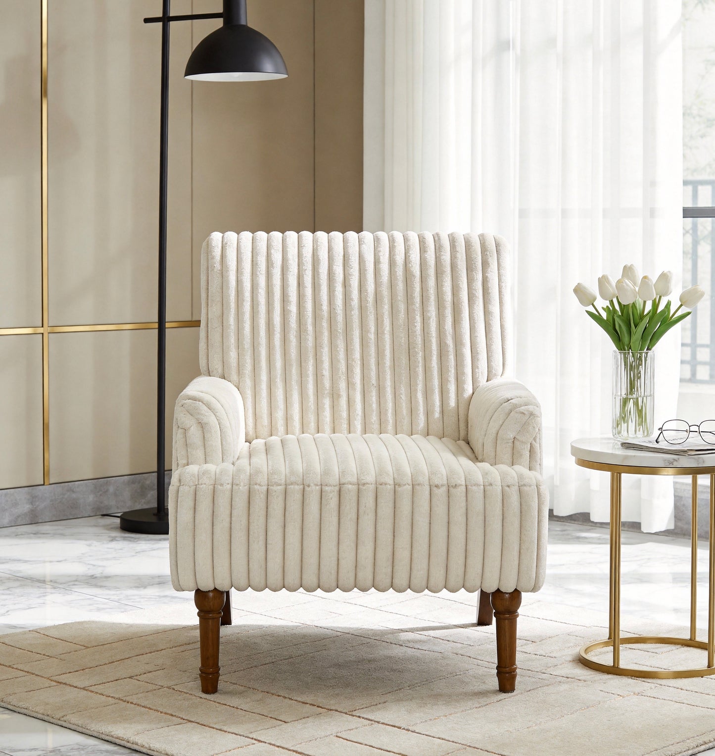 Modern Accent Chair With 2 Wide Wale Corduroy, 9 Solid Wood Legs, Comfortable Upholstered Armchair In Beige For Living Room