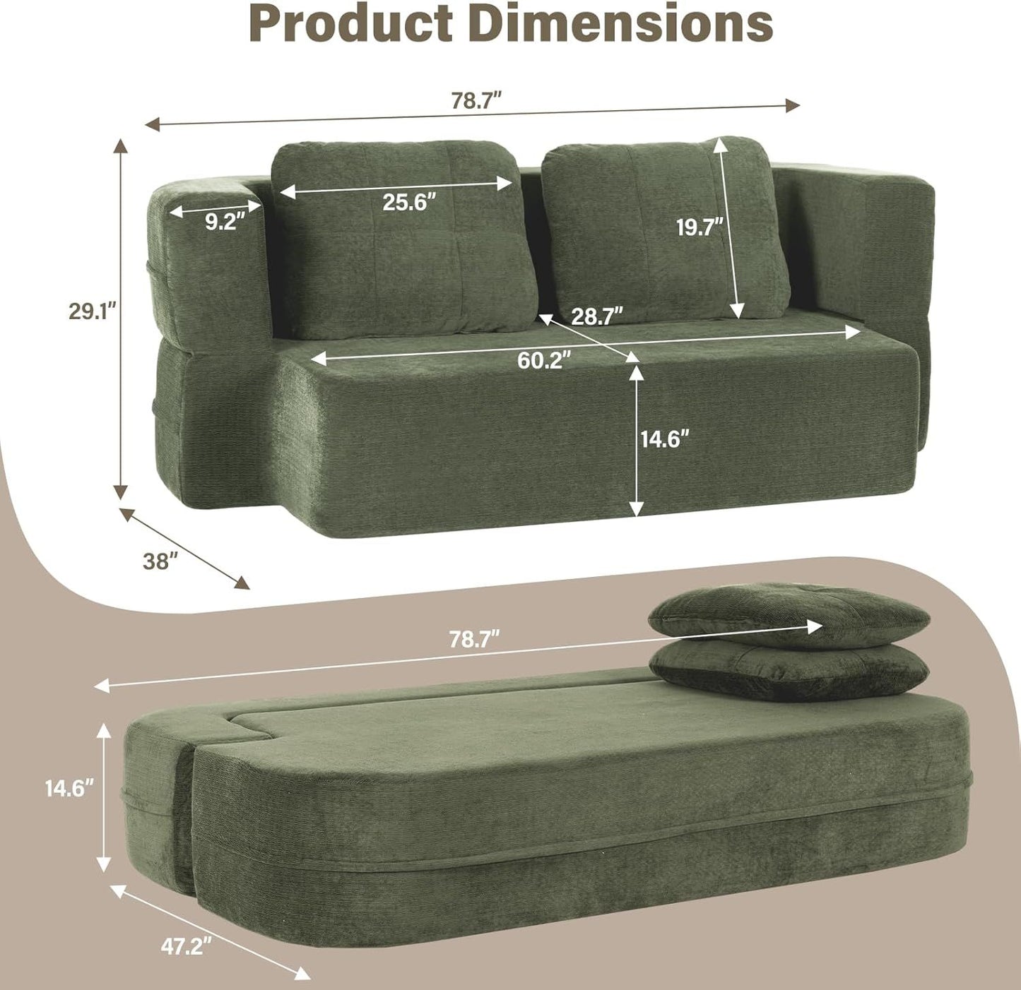 Convertible Sofa Bed With Blanket, Boneless Cloud Couch Queen  Fabric For Living Room Bedroom, Modular Loveseat With High-Density Solid Sponge No Assembly,Green.