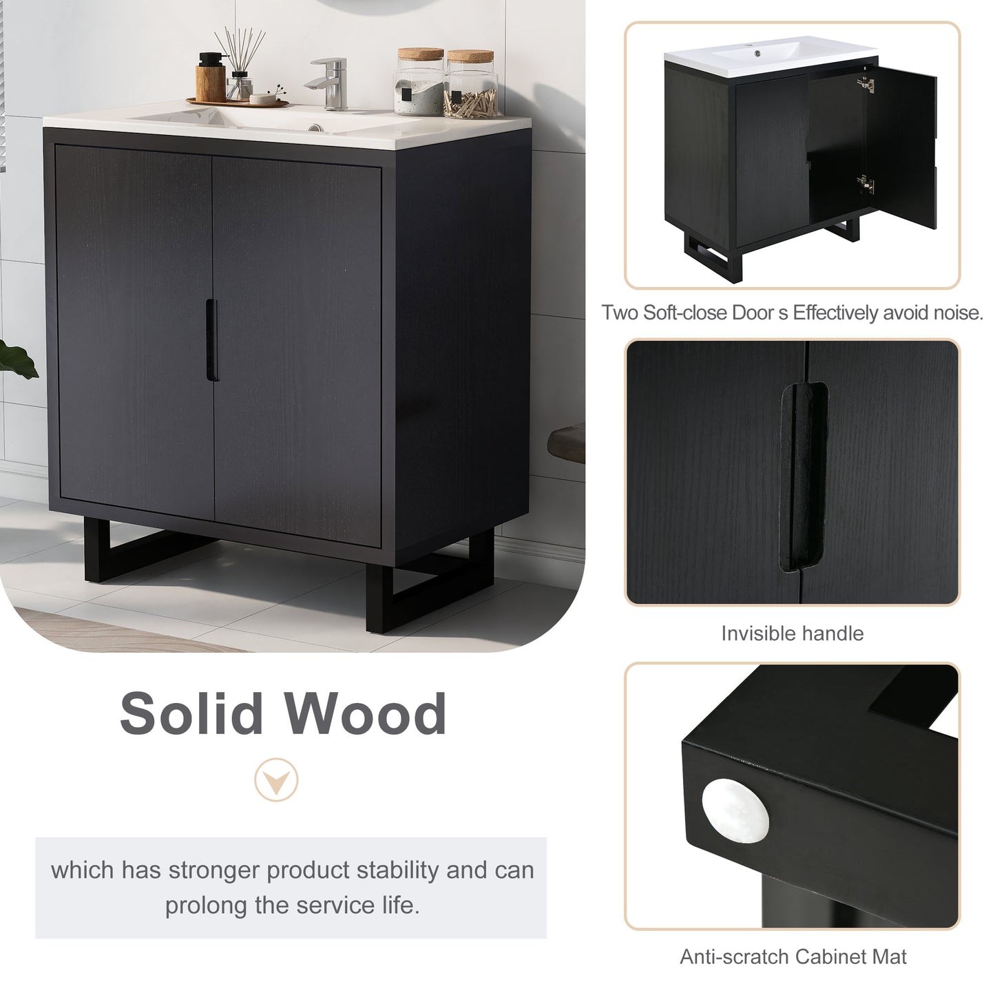 30  Bathroom Vanity Set With Sink, Combo Cabinet, Bathroom Storage Cabinet, Solid Wood Legs The Same With SV000008AAB-1
