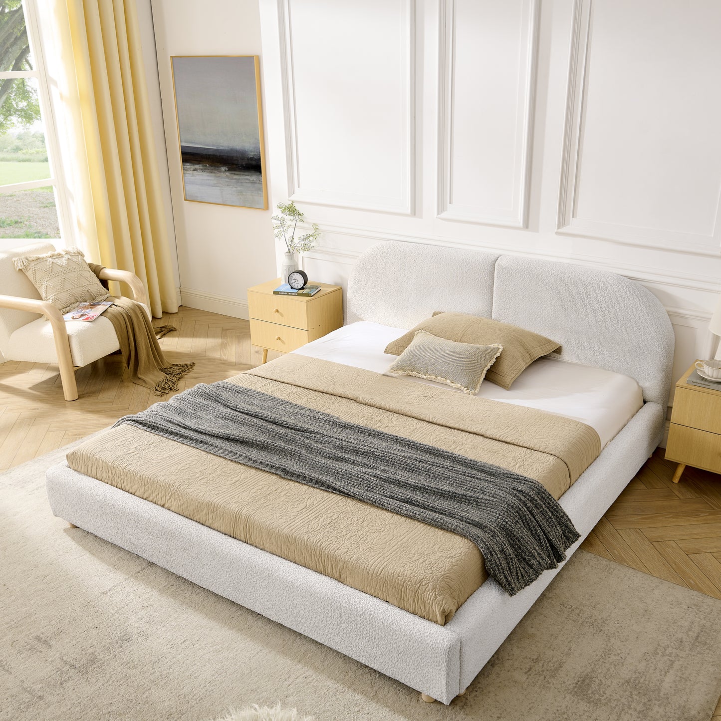 Queen Size Upholstered Bed Frame, Modern Minimalist Style With Tall Curved Headboard, Premium Circle Yarn Fabric & Sturdy Leg Support, Mattress Not Included-Beige