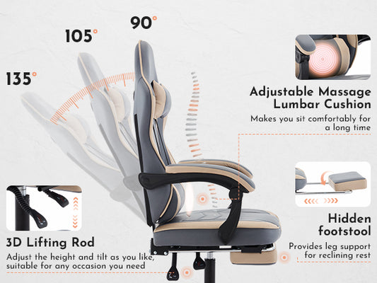 Gaming Chair, Ergonomic Computer Chair With Footrest And Massage Lumbar Support, Height Adjustable Swivel Video Game Chair For Adults, 300lb Max, Blue Beige