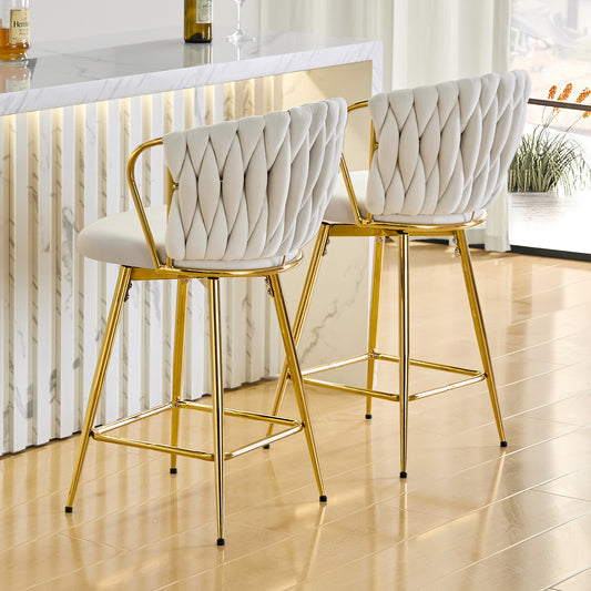 Set Of 2 Modern Velvet Braided Bar Stool With Metal Frame, Upholstered Counter Height Stool With Woven Rope Backrest For Kitchen Island, Home Bar Or Dining Area -Beige