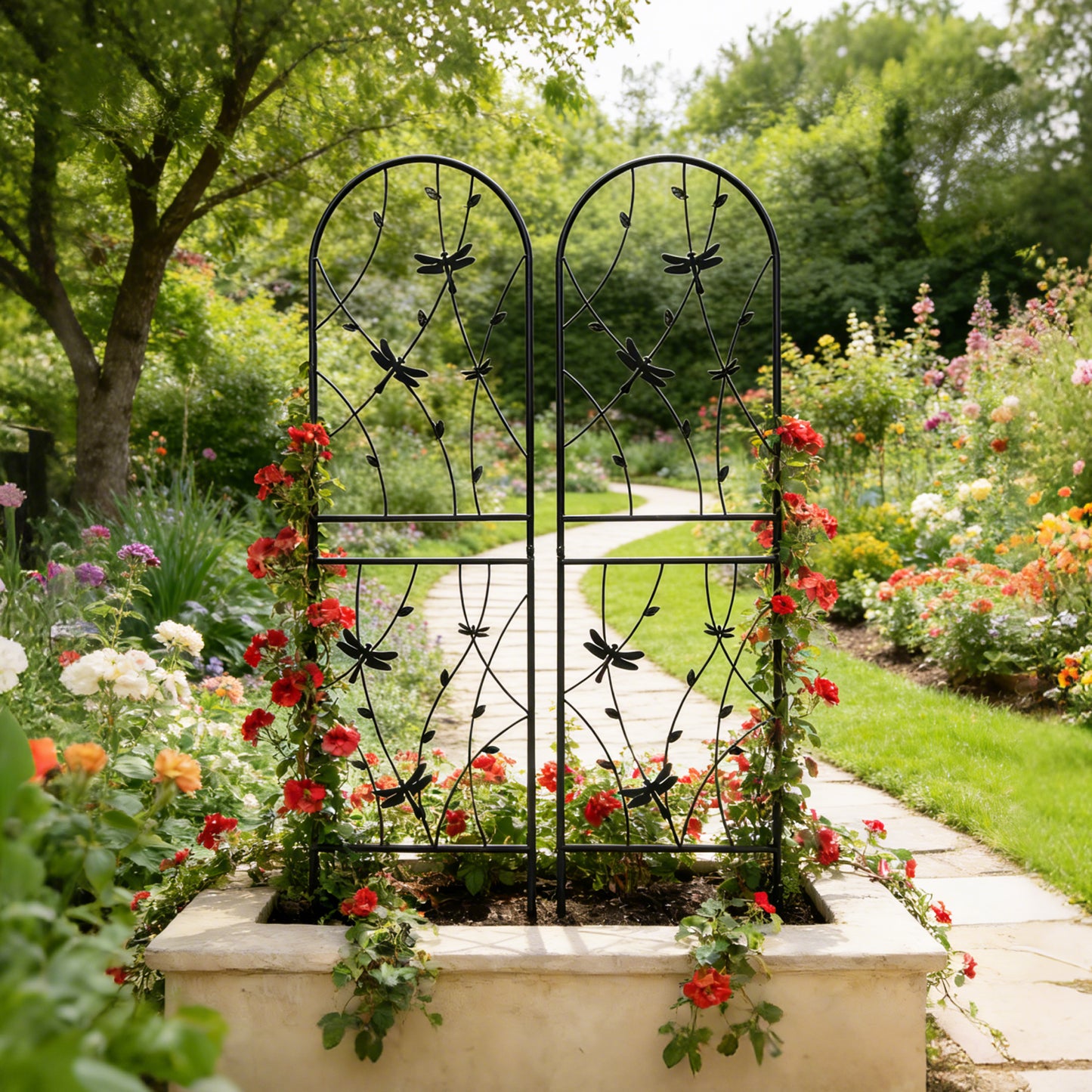 2 Pack Metal Garden Trellis 71  X 19.7  Rustproof Trellis For Climbing Plants Outdoor Flower Support Dragonfly Deco Black