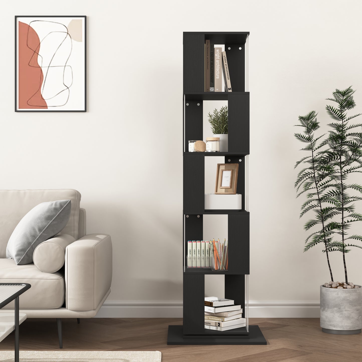 360 Rotating Bookshelf With Acrylic Plate, 5-Tier Tall, Floor Rack Simple Bookcase, Modern Display Shelf For Living Room Home Office Bedroom