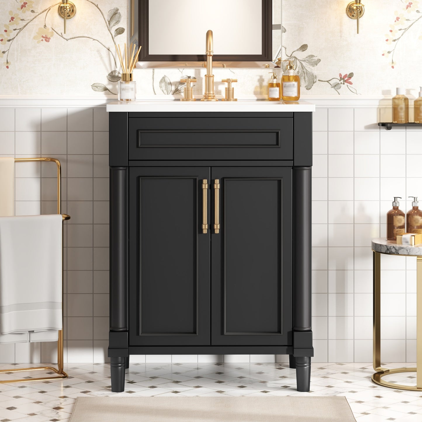 24   Bathroom Vanity With Integrated Ceramic Sink, Bathroom Cabinet With 2 Doors, Single Sink Bathroom Vanity For Small And Medium Restroom