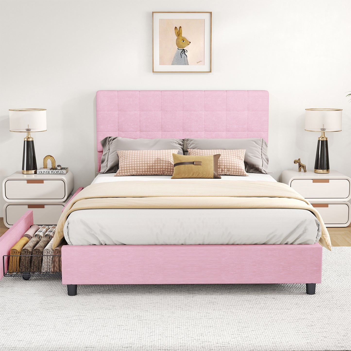 Full Bed Frame Upholstered Vertical Channel Headboard Bed Frame With 4 Storage Drawers Wood Slats No Box Spring Needed Easy Assembly For Bedroom