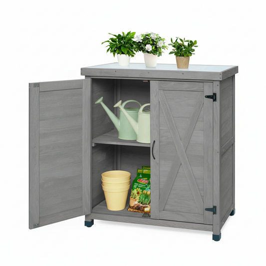 Potting Bench With Storage Cabinet And Metal Table Top For Outdoor Patio,Outdoor Work Station Table