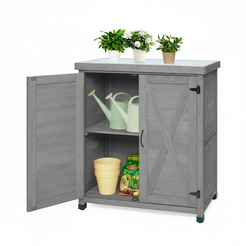 Potting Bench With Storage Cabinet And Metal Table Top For Outdoor Patio,Outdoor Work Station Table