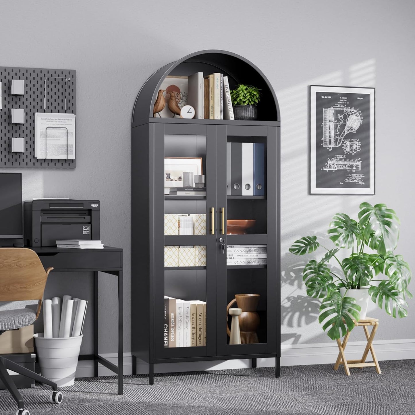 Metal Arched Cabinet With LED Strips, Arch Display Bookcase With Glass Doors, Modern Freestanding Kitchen Pantry Storage Cabinet For Living Room, Dining Room, Home Office, Assembly Required Black