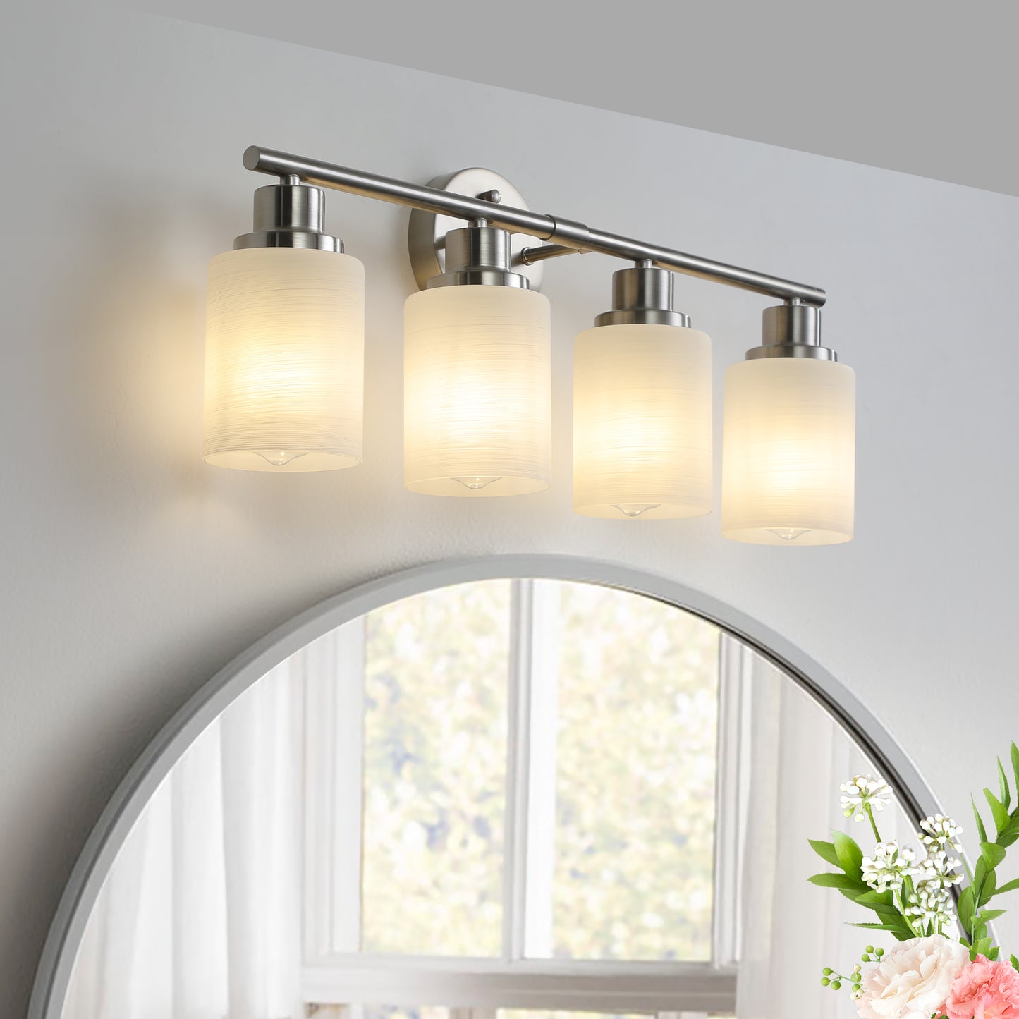 24  Modern 4-Light Vanity Wall Sconce, Brushed Nickel Finish With Frosted Glass Shades For Bathroom Or Hallway Lighting -No Bulbs