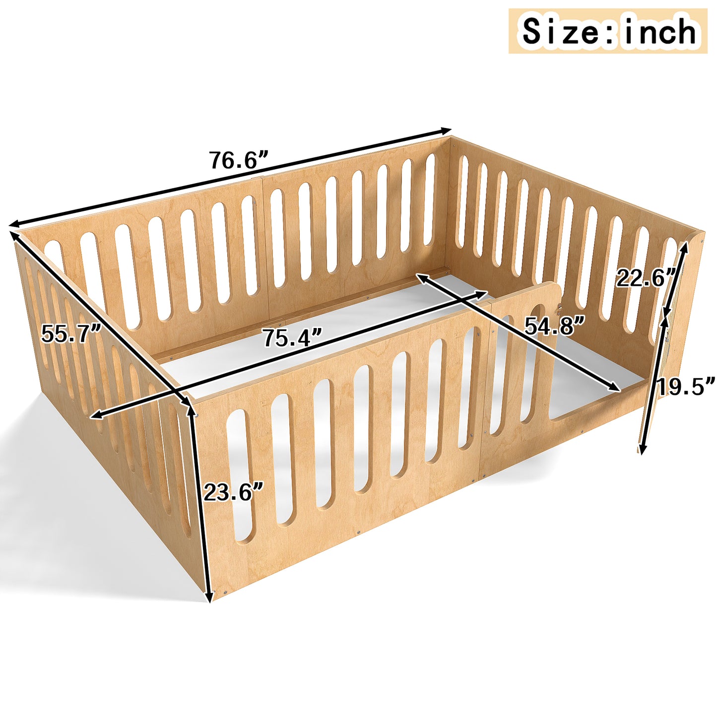 Full Size Floor Bed With High Fence For Kids, Solid Wood Kids Montessori Bed With Door, Low-profile And No Box Spring Needed Design, Natural.Patent Protection