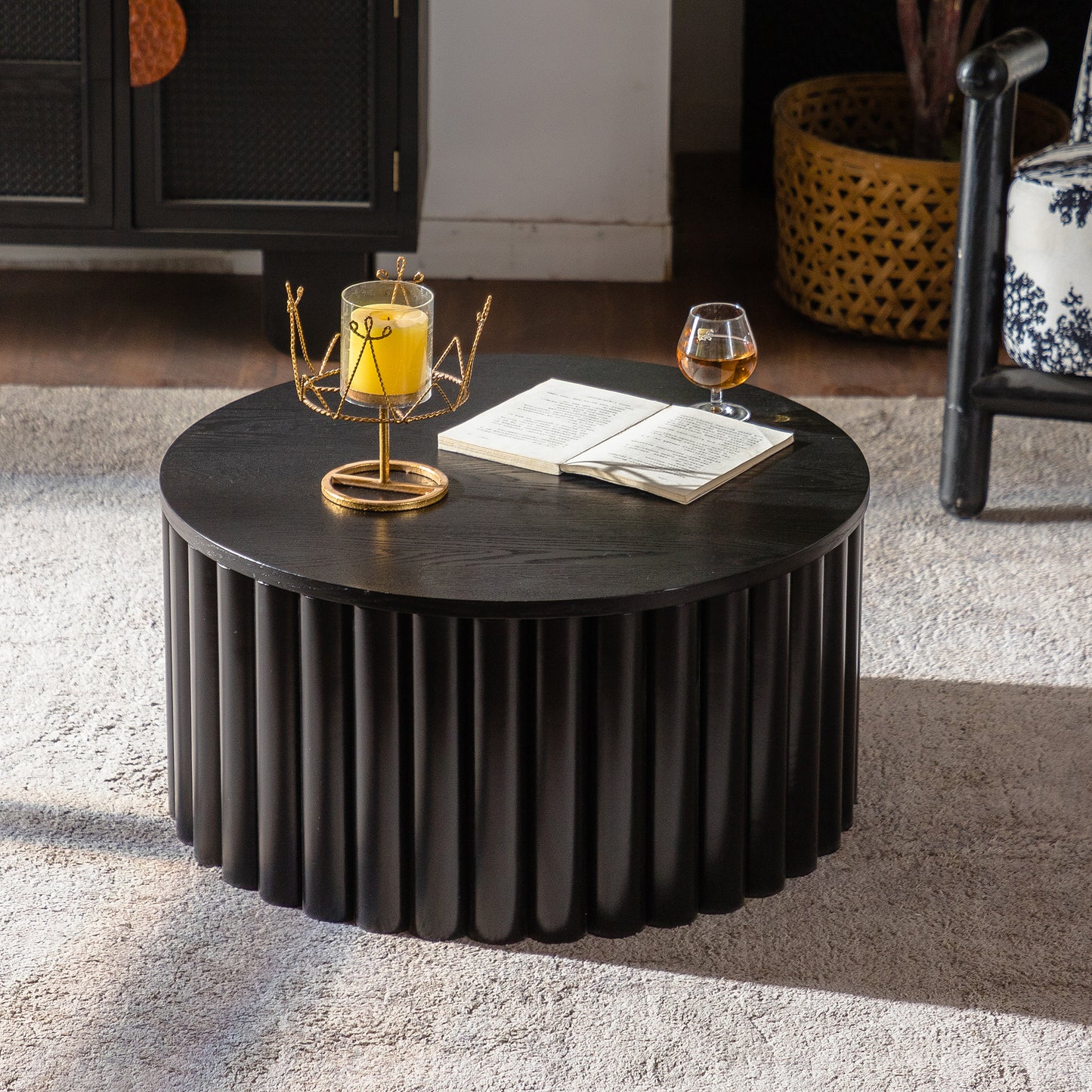Round Coffee Table With Lift Handcrafted Relief Sturdy Pedestal Wooden Tea Table For Living Room No Need To Assemble