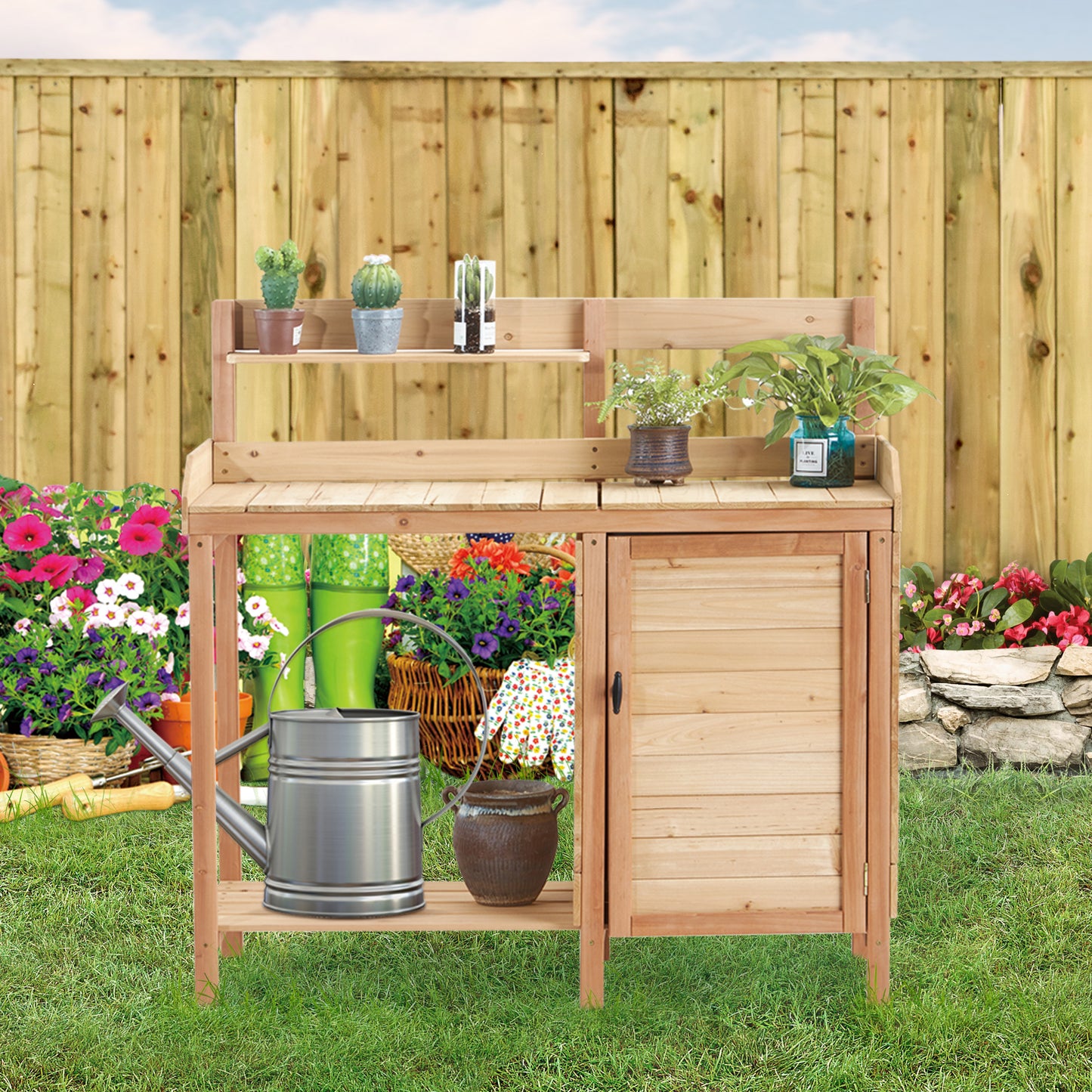 Outdoor Wooden Potting Bench Table With Sink, Garden Table Work Bench With Storage, Workstation For Outside Patio Lawn