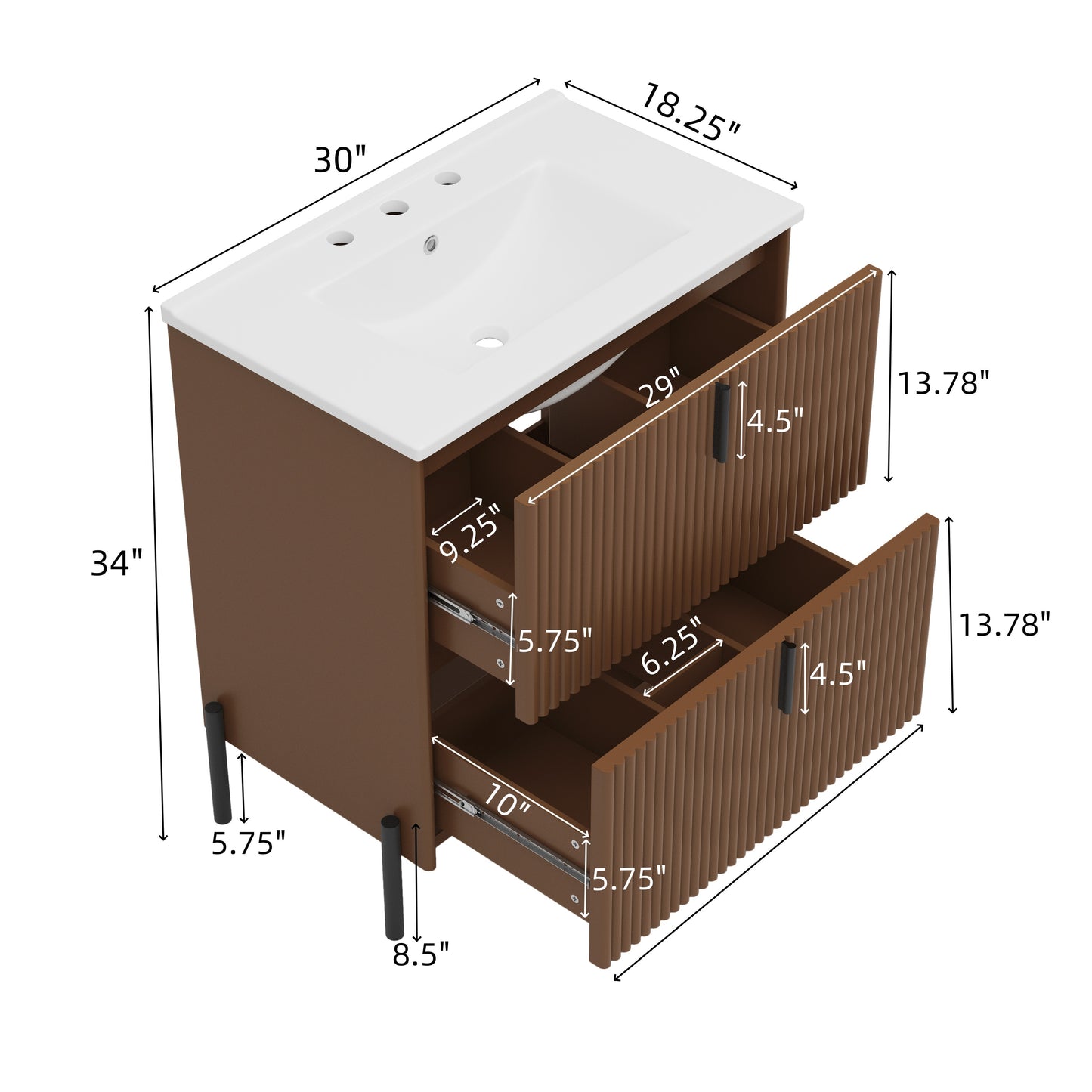 30  Bathroom Vanity With Ceramic Sink, Equipped With Vertical Pulls And Full-Extension Drawers, Freestanding Bathroom Vanity With Soft Close Drawer Slides, Fluted Design, Dark Brown