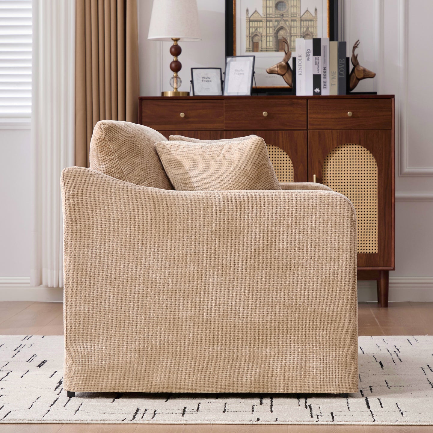 43.9 Wide Modern Upholstered Farmhouse Performance Accent Chair With Black Metal Legs,  Chenille Reading Armchair Single Sofa With Two Bolster Pillows For Living Room Offices And Lounge,Wheat