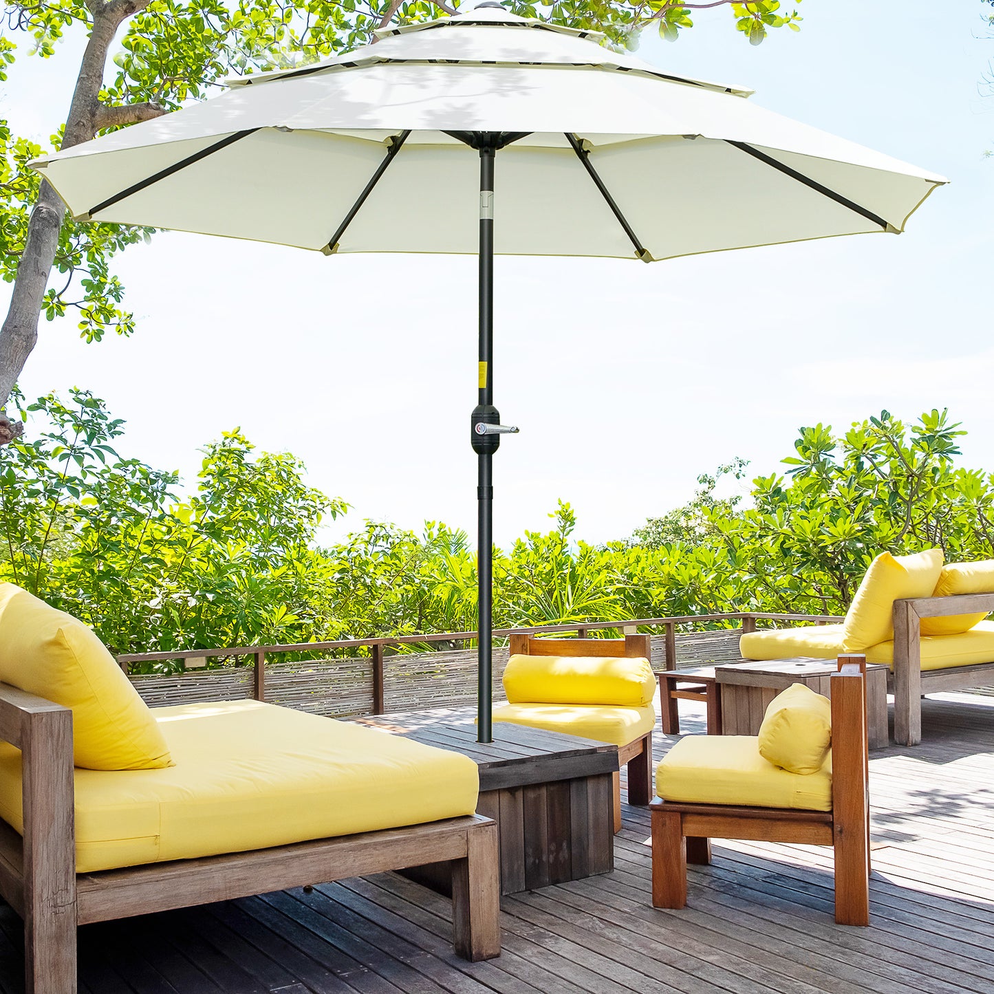 9FT 3 Tiers Patio Umbrella Outdoor Market Umbrella With Crank, Push Button Tilt For Deck, Backyard And Lawn, Beige