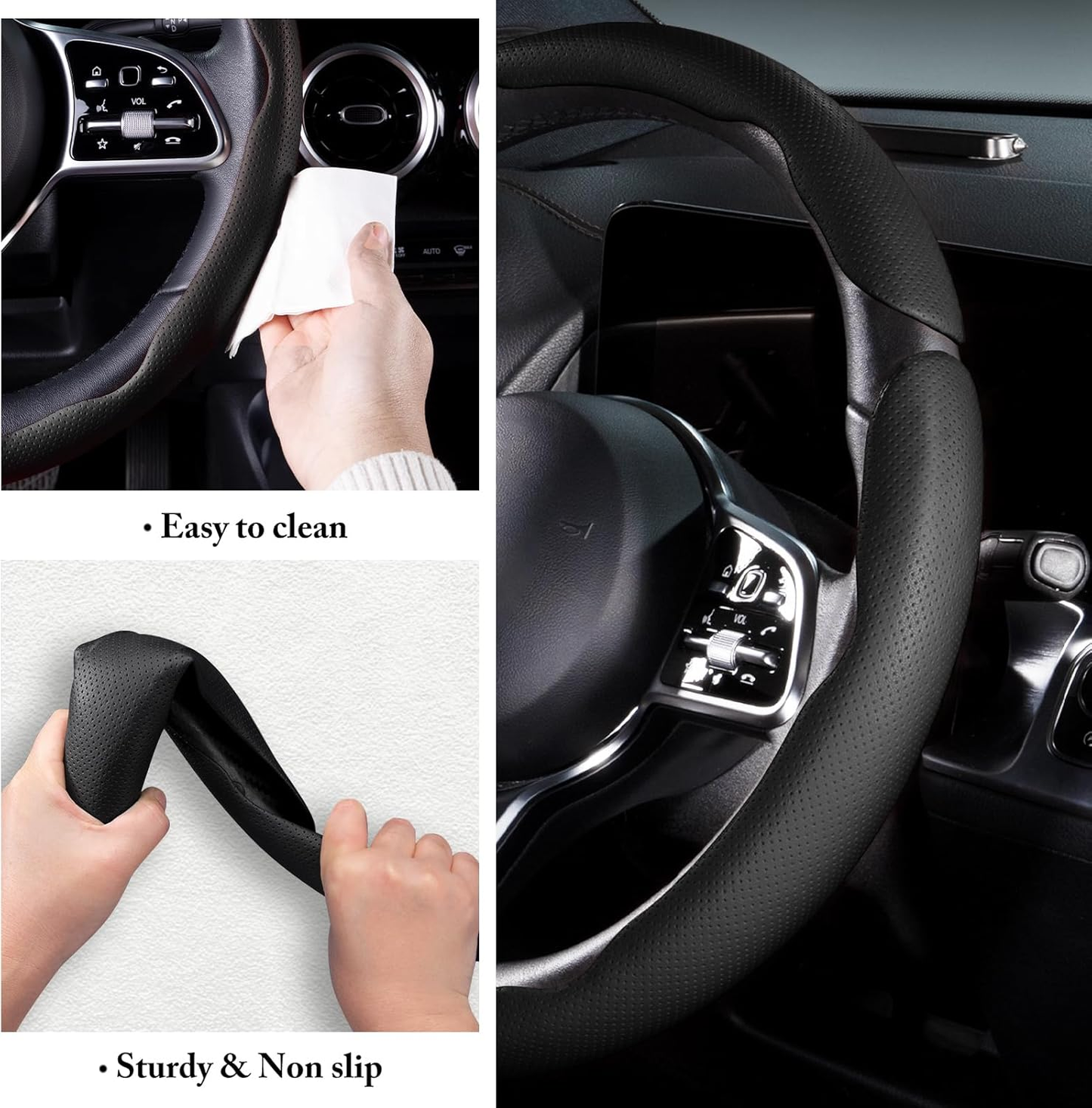 Car Steering Wheel Cover - Leather Snap-on Three-piece Set - Anti-slip Protection Cover - Steering Wheel Control Accessory - Universal Model - Black And Gray