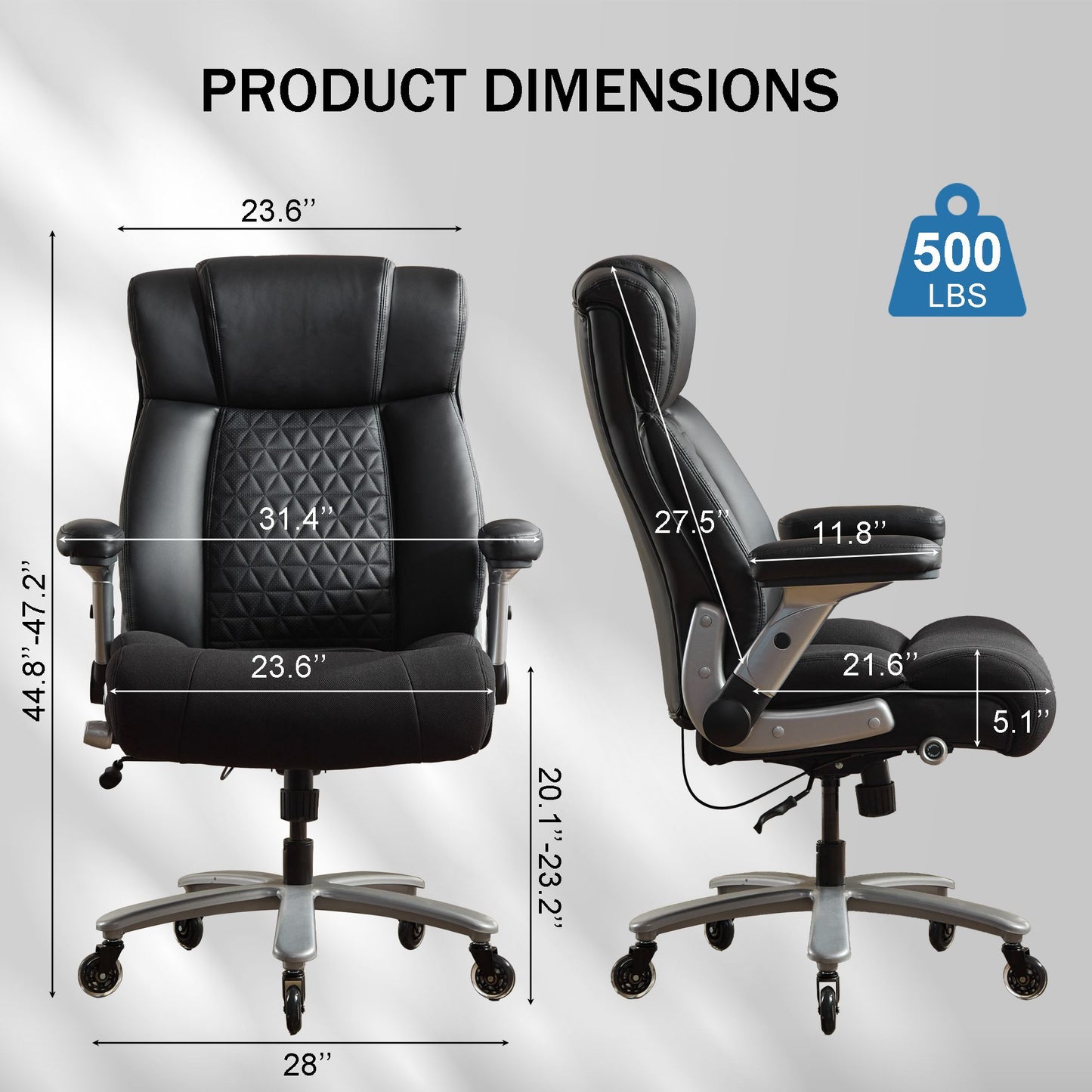 500lbs Big And Tall Office Chair With Adjustable Lumbar Support, Executive Office Chair Heavy Duty With Flip-up Armrest And Wider Seat, Ergonomic Leather Chair Breathable With Quiet Rubber Wheels.