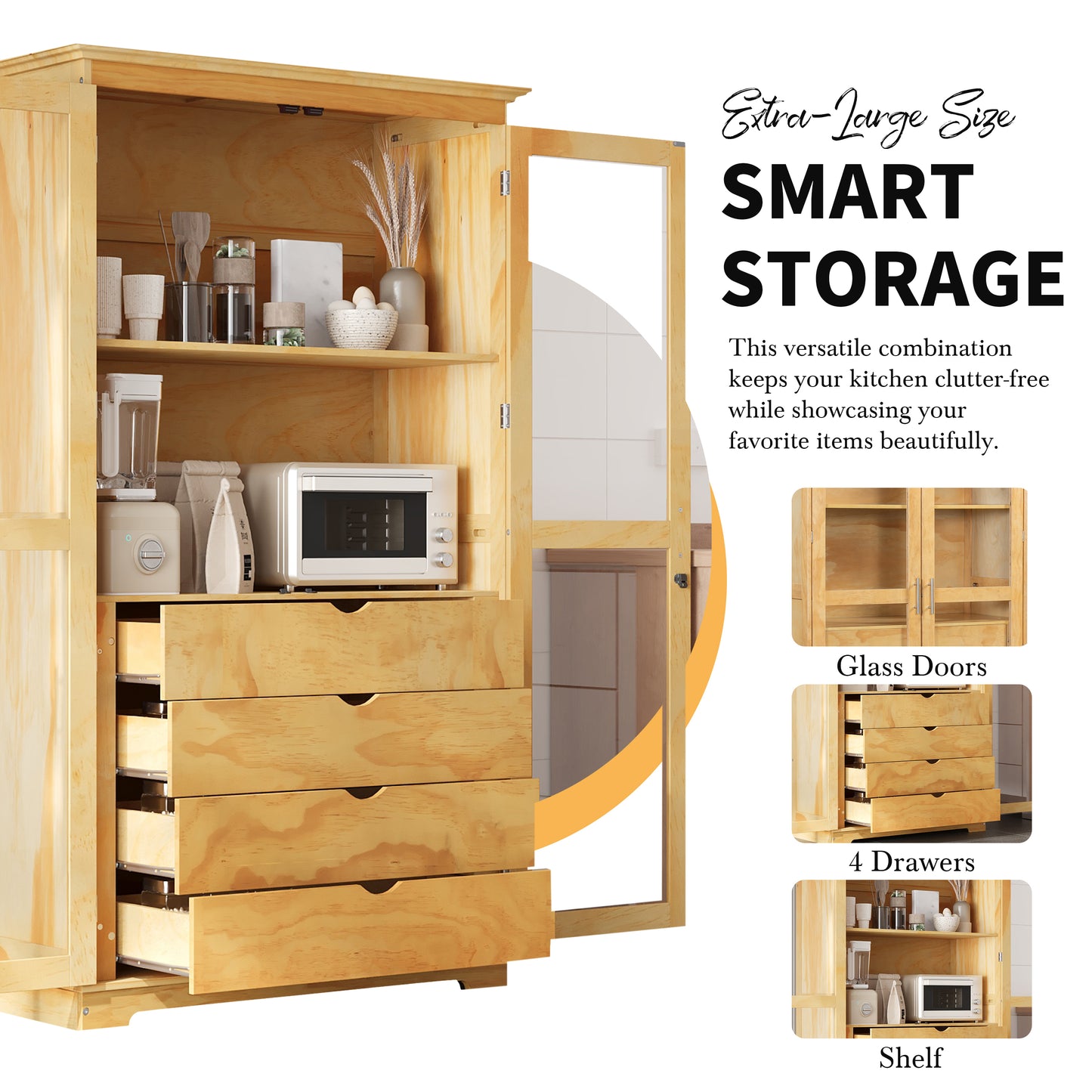 TOPMAx 44.7x20x75inch Kitchen Pantry  Freestanding Kitchen Storage Cabinet Display Cabinet With Glass Doors And 4 Built- In Drawers For Living Room  Home Office  Natural