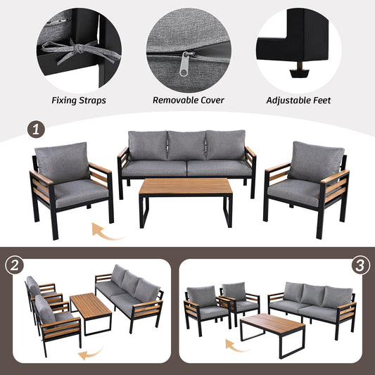 GO 4-Piece Outdoor Furniture Sofa Set For 5 People With  Acacia Wood Armrests, Patio Conversation Set With Removable Cushion And Solid Wood Coffee Table  For Garden, Grey