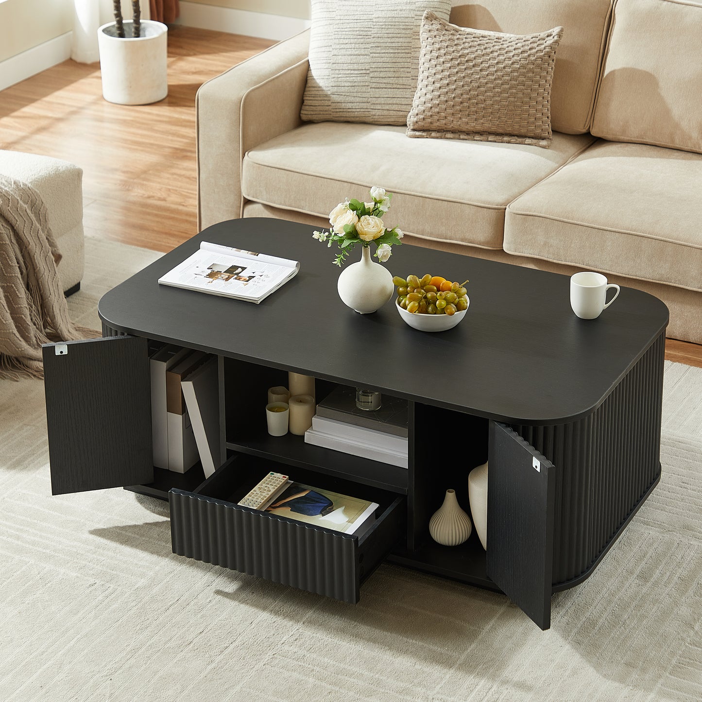 46.5 Modern Luxury Oval Coffee Table With Drawers And Storage Compartments, Curved Contour Design, Living Room Center Coffee Table, Suitable For Living Rooms And Offices, Black, 46.5 Lx27.2 Wx17.7 H