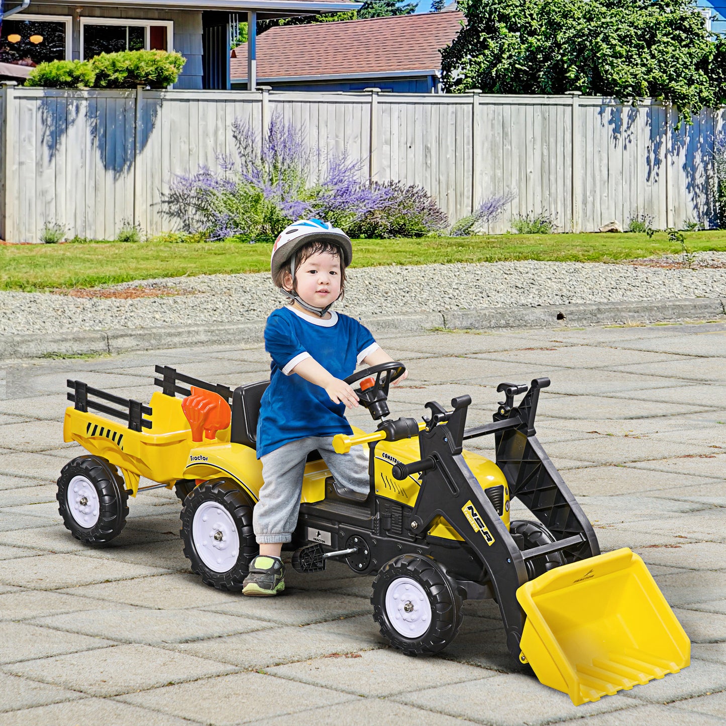 Ride-On Kids Bulldozer/Excavator Toy With Real Working Dirt Bucket, Easy Pedal Controls, 6 Wheels, & Cargo Trailer