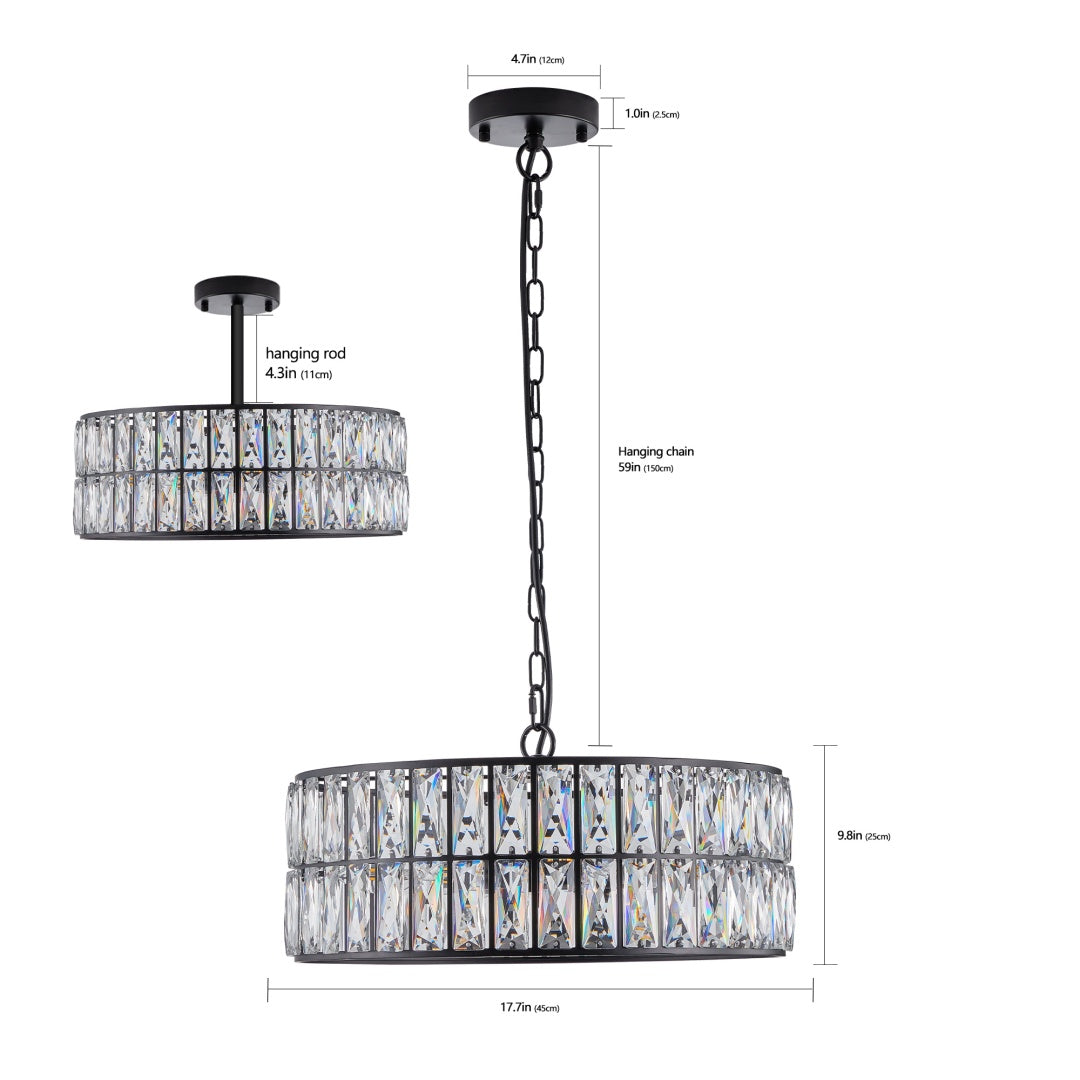 18  Black Modern Crystal Drum Chandelier, 6-Light Pendant Lighting Fixture With Metal Frame For Living Room, Dining Room, And Bedroom  Bulbs Not Included