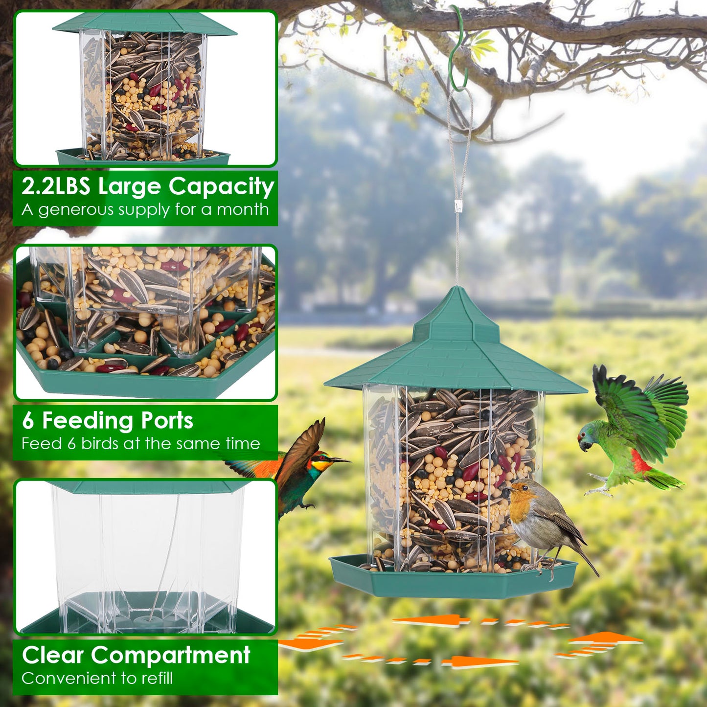 1Pc Hanging Gazebo Wild Bird Feeder Outdoor Bird Seed Station With Large Capacity 6 Feeder Interface For Garden Patio Park Weatherproof Easy To Refill