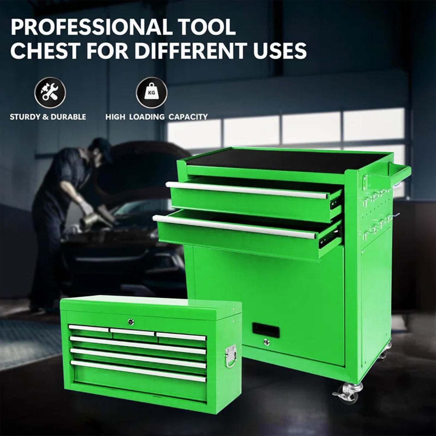 8-Drawer Rolling Tool Chest - 2-in-1 Lockable Tool Box With Wheels, Sliding Drawers & Detachable Top - Garage & Workshop Storage Cabinet, Green