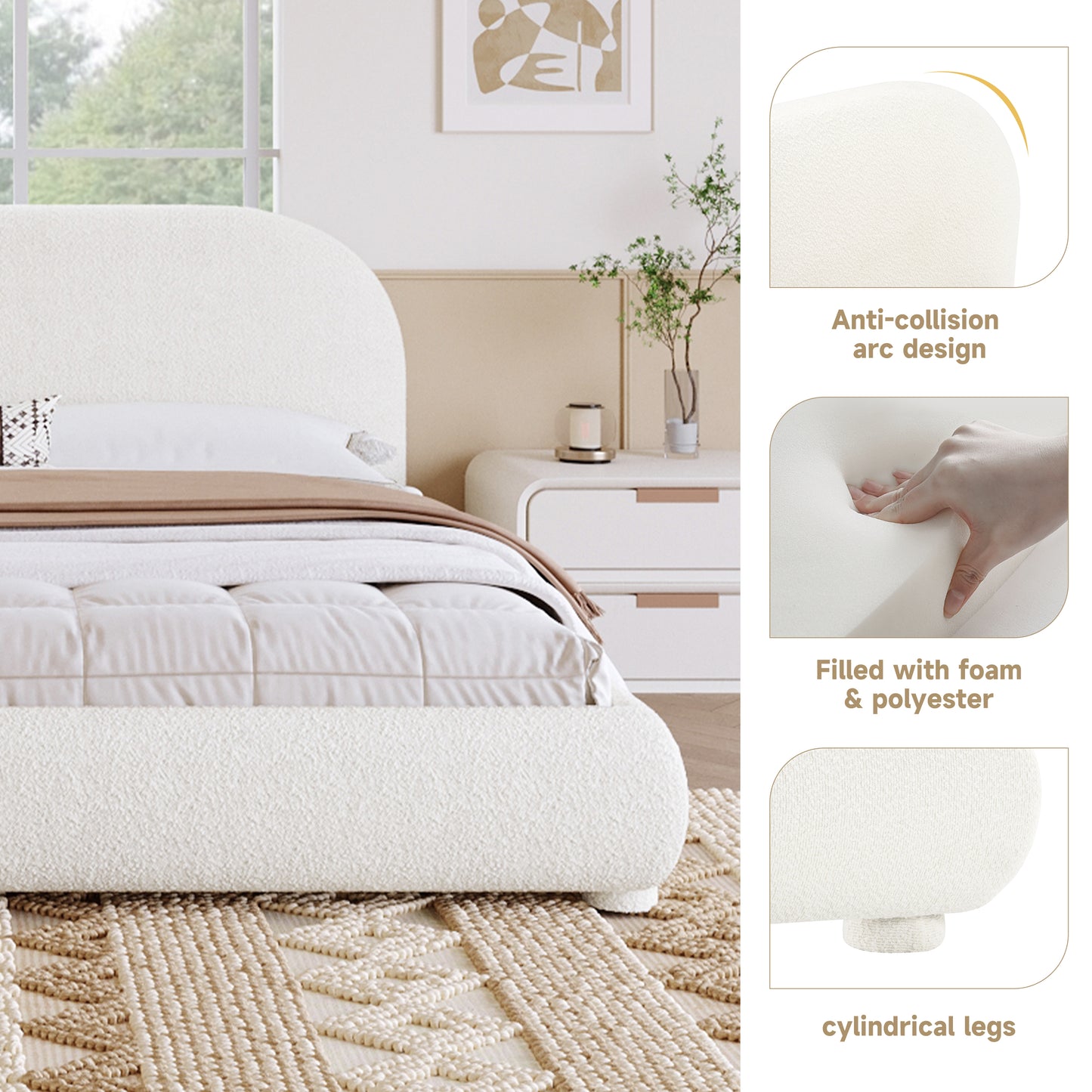Cream Style Fabric Upholstered Bed, Simple Modern Bedroom Double Bed,King