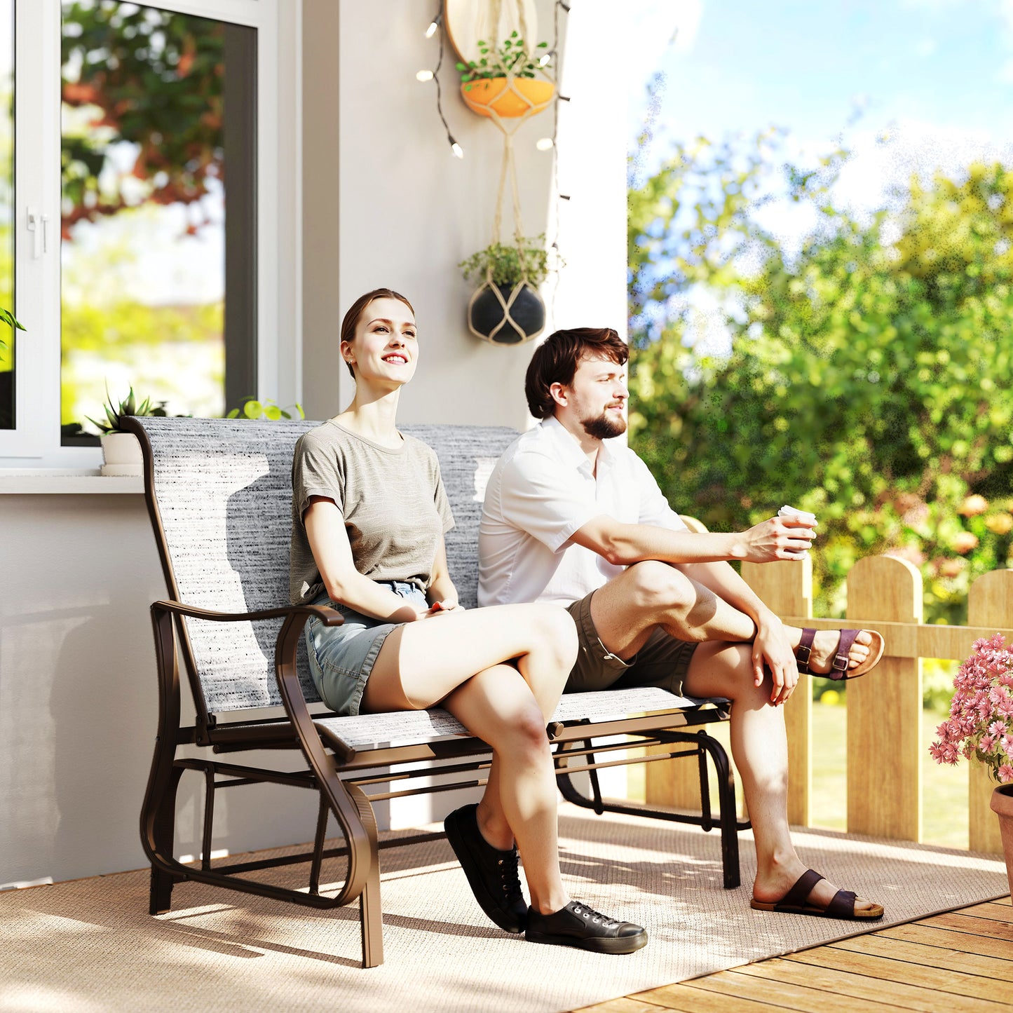 2-Person Outdoor Glider Bench，Patio Glider Loveseat Chair With Powder Coated Steel Frame，2 Seats Porch Rocking Glider For Backyard, Lawn, Garden And Porch, Mixed Gray