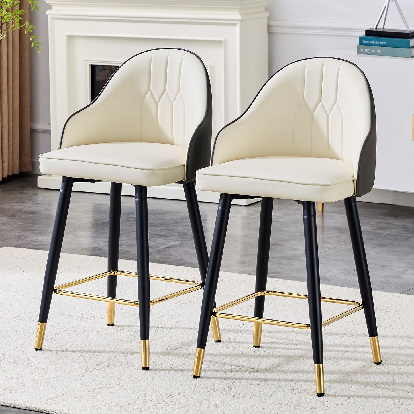 Set Of 2 White & Dark Gray Splicing Colors PU Leather Bar Stools 37.7 High, 25 Seat Height, Gold Accent Footrest, Ideal For Kitchen Island, Home Bar & Dining Area, Available In Light Gray, Black.