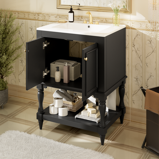 24 Inch Modern Luxury Bathroom Vanity With Ceramic Sink, Bathroom Cabinet With Open Shelf And Closed Storage