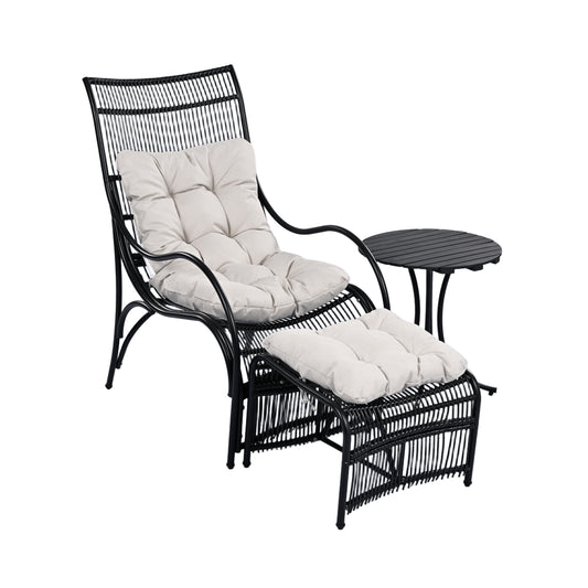 3 Pieces Wicker Outdoor Patio Furniture Set With Lounge Chair, Balcony Chairs Table Set With Cushions, Ottoman, Patio Conversation Sets For Garden ,Deck,and Porch, Black & Beige
