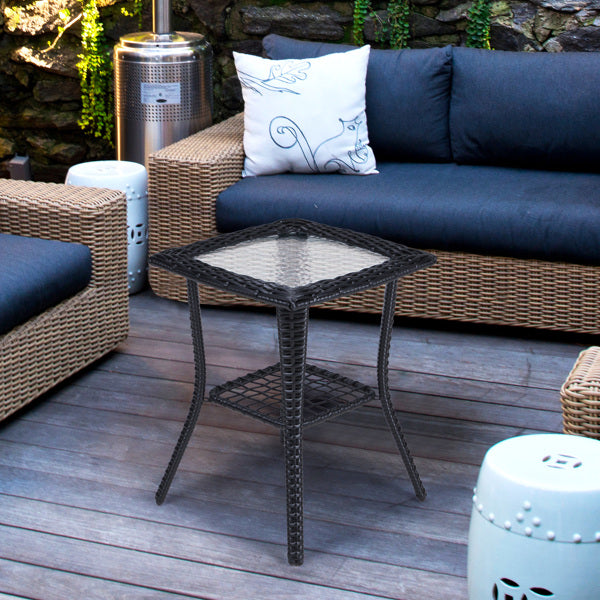 Patterned Glass Surface, Black Rattan, Woven Rattan Edge Side Table, N001