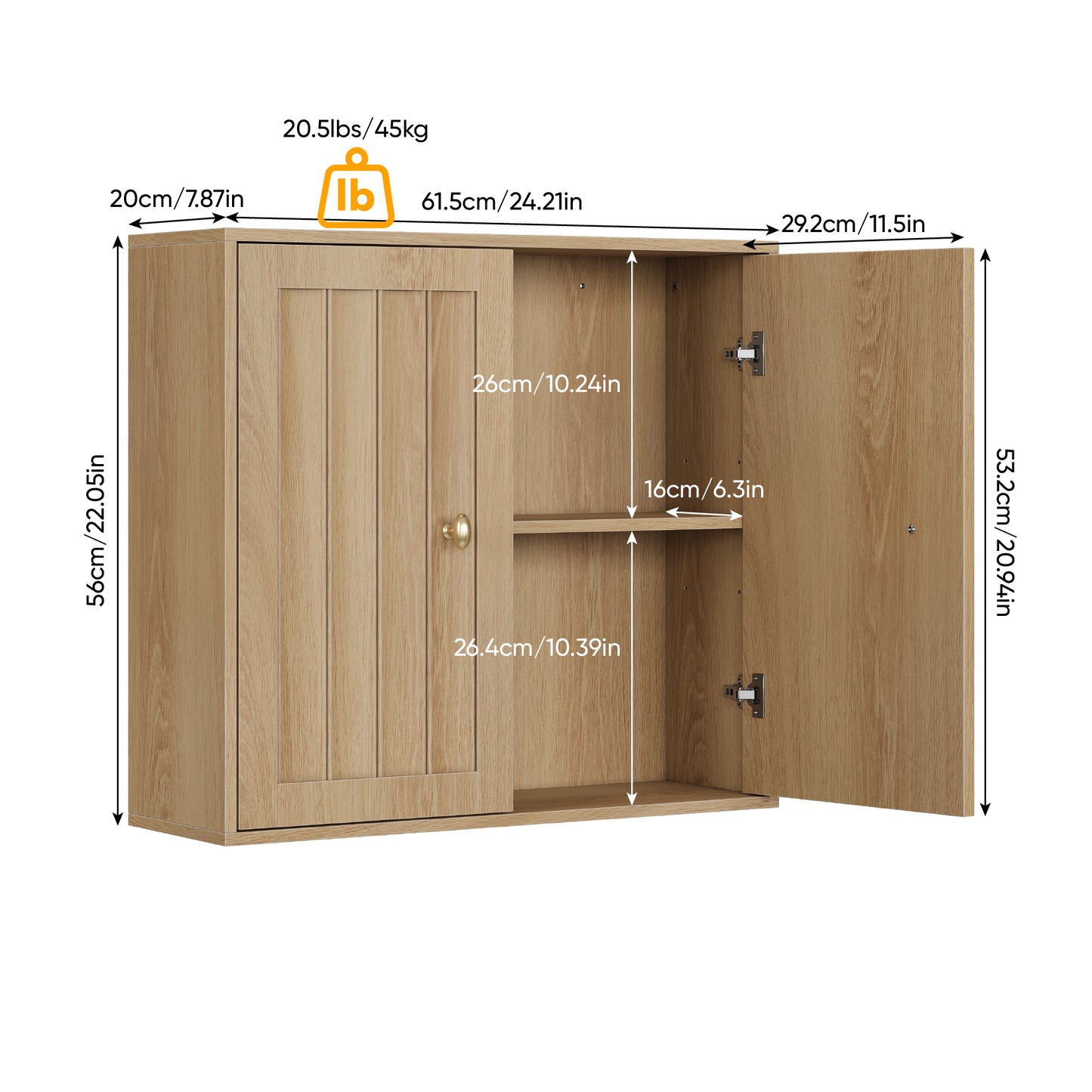 Wall-Mounted Bathroom Cabinet, Double-Door Medicine Cabinet With Vertical Grooved Design,Wall-Mounted Storage Cabinet For Bathrooms, Restrooms, And Hallways Oak