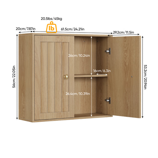 Wall-Mounted Bathroom Cabinet, Double-Door Medicine Cabinet With Vertical Grooved Design,Wall-Mounted Storage Cabinet For Bathrooms, Restrooms, And Hallways Oak