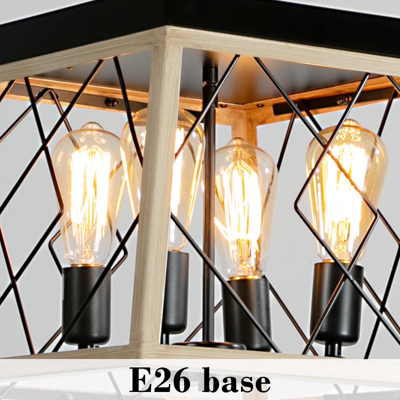 16in  Oak Industrial 4-Light Pendant Chandelier, Modern Metal Cage Design, Adjustable Hanging Light For Dining Room, Kitchen, Living Room -No Bulbs