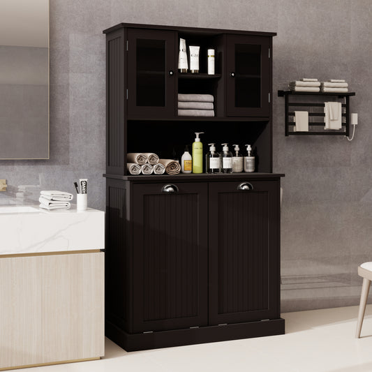 Two-Compartment Tilt-Out Dirty Laundry Basket Tall Bathroom Cabinet With 2 Adjustable Shelves-Black