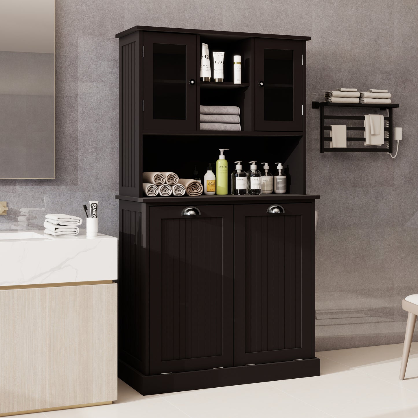 Two-Compartment Tilt-Out Dirty Laundry Basket Tall Bathroom Cabinet With 2 Adjustable Shelves-Black
