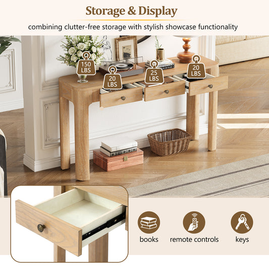 TREXM Rustic Console Table With Curved Corners For Safety  Entryway Table With 3 Concealed Drawers  Sturdy Sofa Table With Thick Legs For Hallway & Living Room  Light Oak