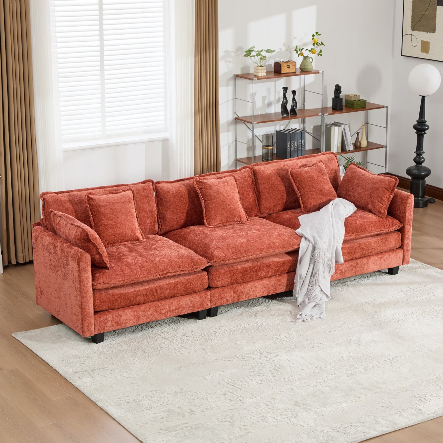 Cloud Sofa 3 Seats  Ottoman Is Not Included , Modern Sectional Couch, For Living Room Bedroom And Apartment, Comfy Double Layer Upholstered Seat Cushion, Breathable Chenille Fabric,Orange,SS5013OG