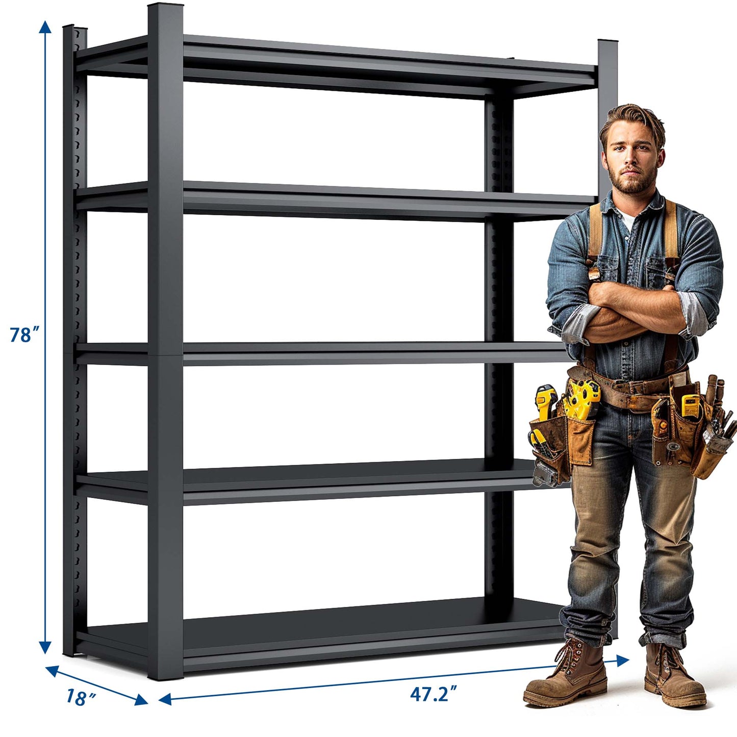78 H  5 Tier Metal Shelves For Storage Garage Shelving 2000LBS Heavy Duty Storage Shelves Adjustable Garage Shelf Industrial Shelving Unit Storage Utility Rack,47.2 Wx18 Dx78 H,Black