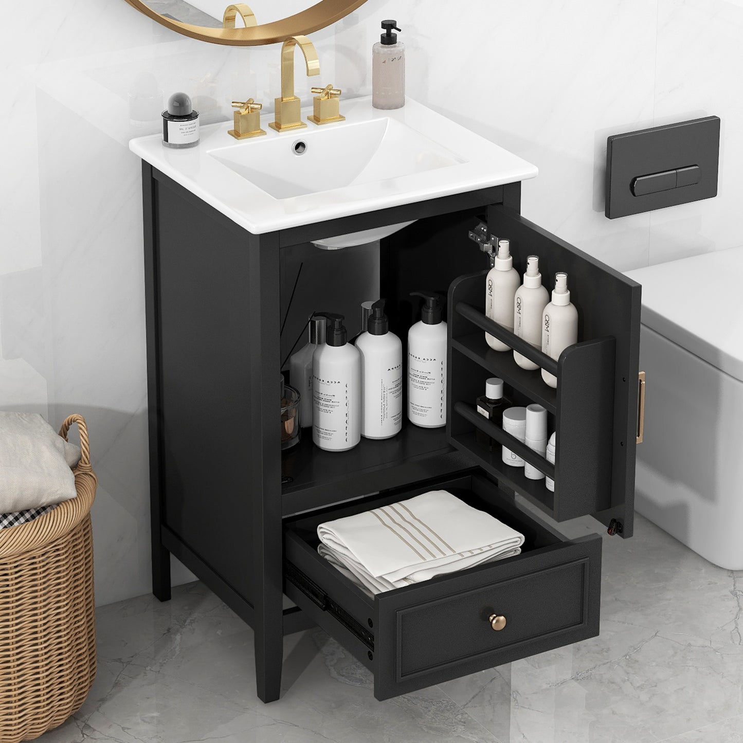 20 Bathroom Vanity With Sink, Bathroom Cabinet With A Door, Door Shelf Storage And Adiustable Foot Pads, A Drawer, Black