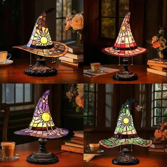 Handmade Gothic Witch Hat Night Light –Witch Hat Lamp Stained Glass LED Lamp, Spooky Halloween Decor, Indoor & Outdoor Witchcraft Gift, Unique Halloween Party Lighting