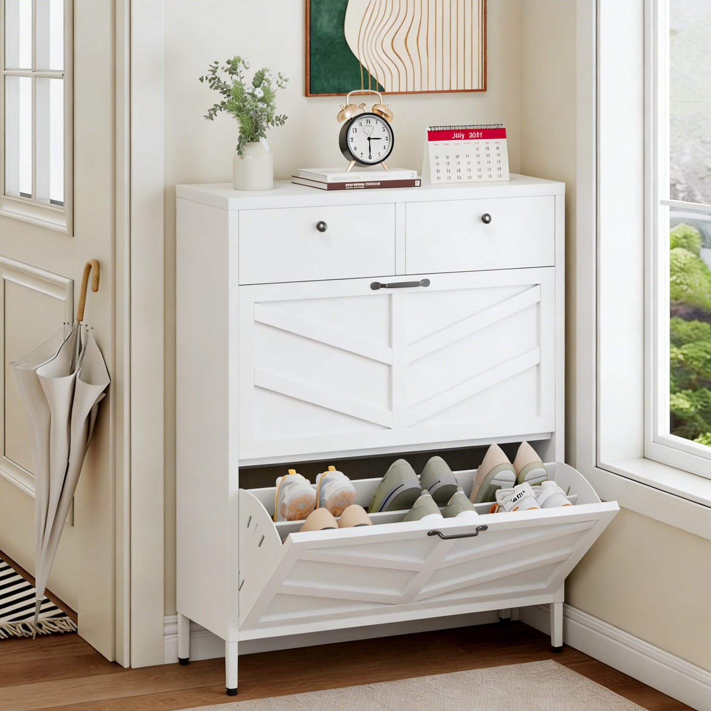 Shoe Cabinet With 2 Flip Drawers And 2 Drawers, Slim Metal Entryway Storage Cabinet, Freestanding 31.5 W X 40.75 H White Organizer With Anti-Tip Device