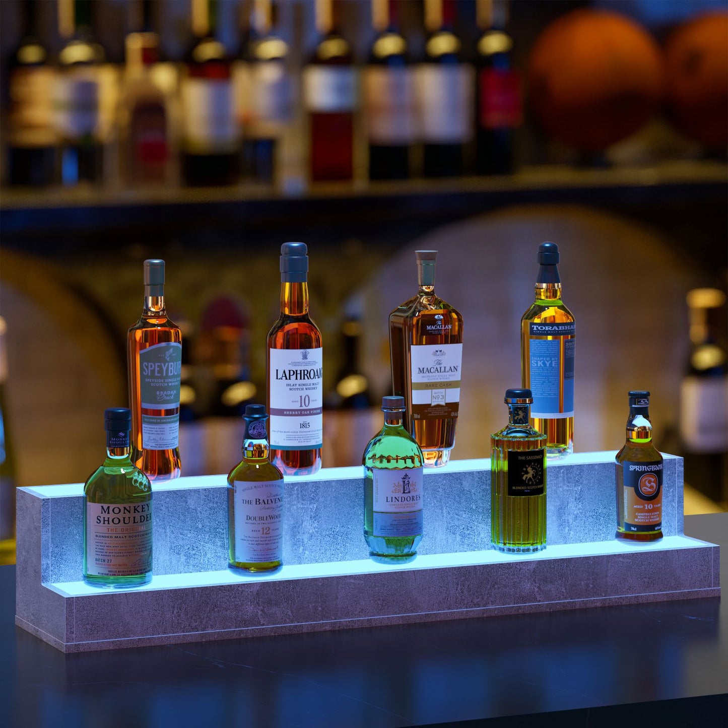 LED Lighted Liquor Bottle Display Shelf, 37 Inch Bar Display Shelf, DIY Illuminated Bottle Shelf With App & Remote Control, 2 Step Freestanding Holding Bottles For Home Bar, Party, Grey