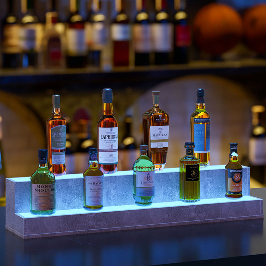 LED Lighted Liquor Bottle Display Shelf, 37 Inch Bar Display Shelf, DIY Illuminated Bottle Shelf With App & Remote Control, 2 Step Freestanding Holding Bottles For Home Bar, Party, Grey
